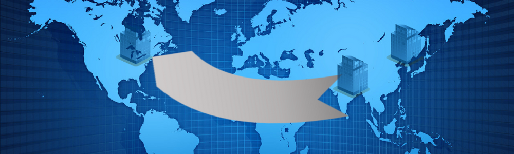 World map with transaction between two companies